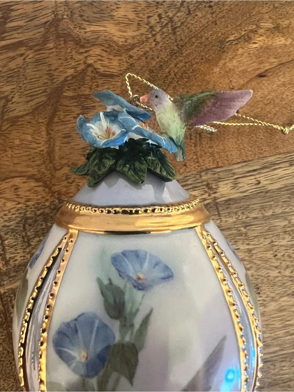Lena Liu Porcelain Hummingbird Egg Ornament with Blue Floral Design
